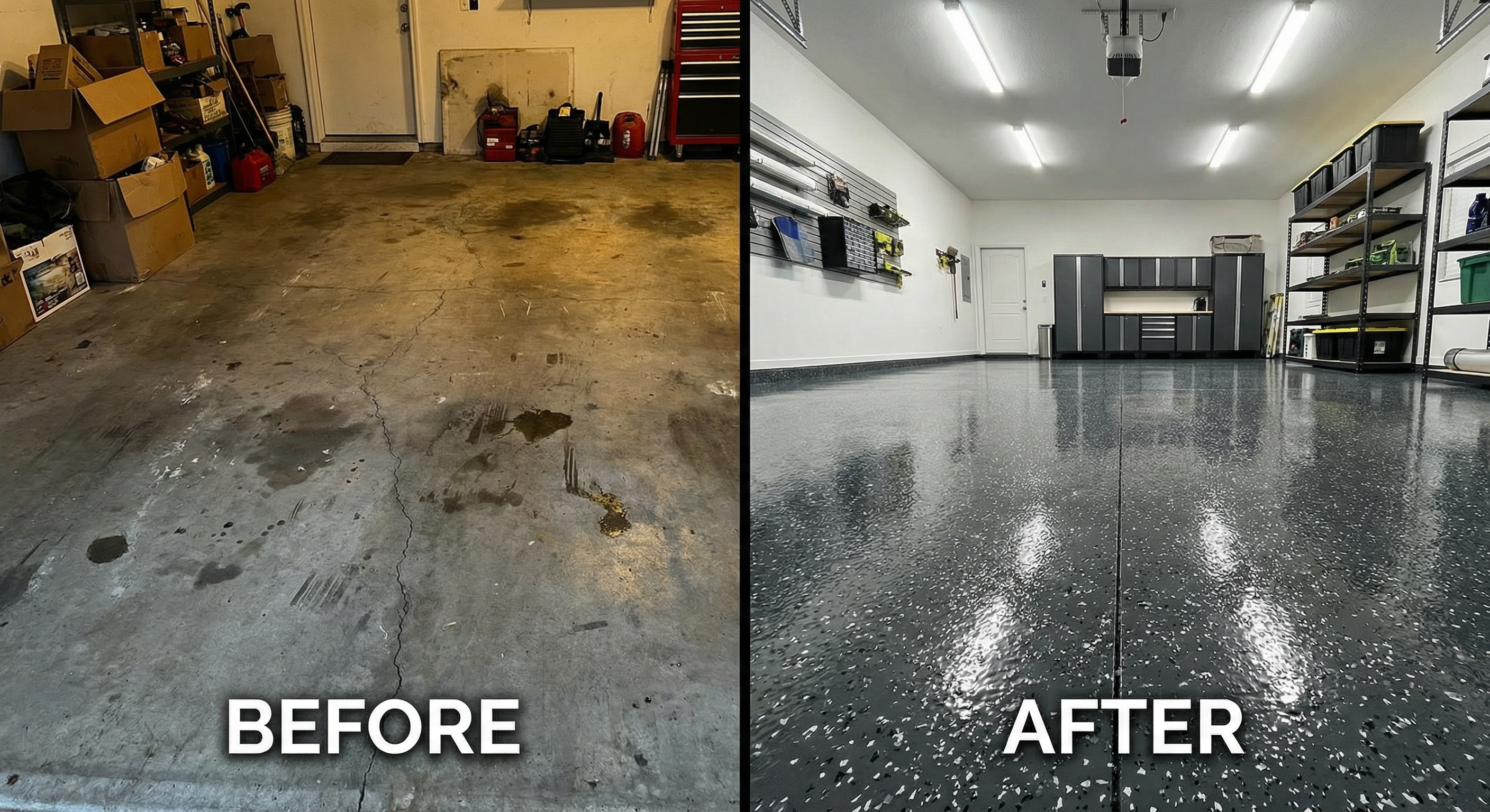 Before and after garage floor epoxy transformation in DFW
