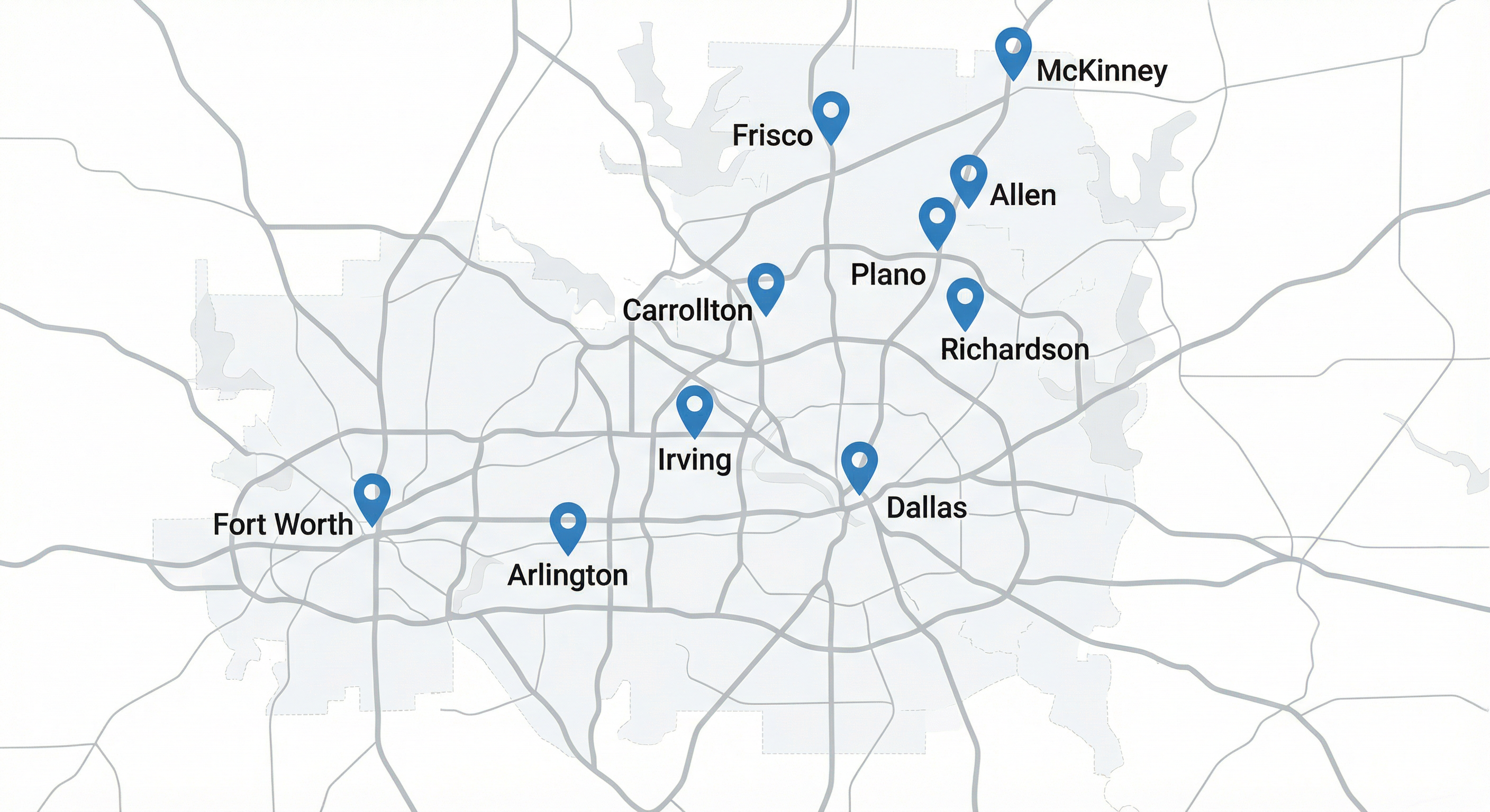 DFW Garage Guy service area map showing Plano, Frisco, Allen, McKinney, Carrollton, Arlington, Richardson, and Irving
